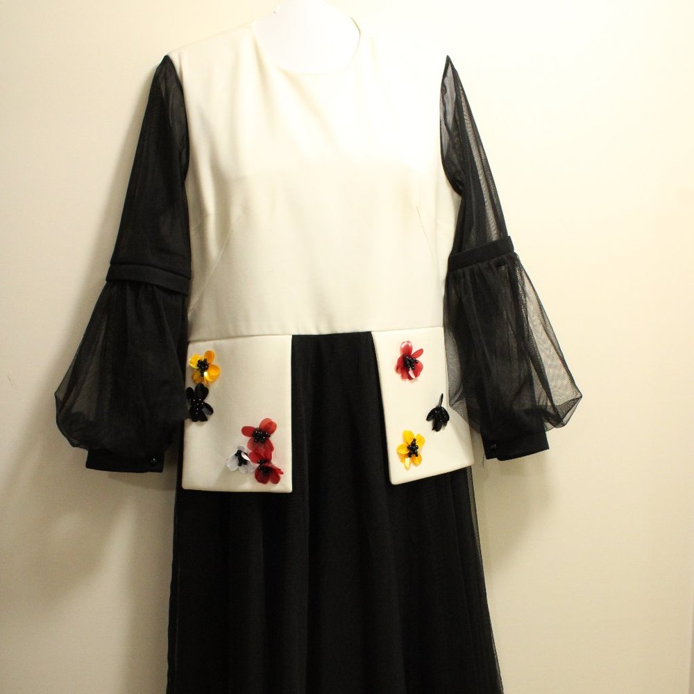 Black and cream party dress with beaded flowers
